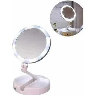 GlamMirror Pro: Espelho de Mesa Dobrável com LED e Aumento 10x para Maquiagem