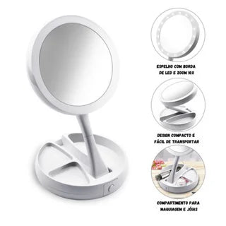 GlamMirror Pro: Espelho de Mesa Dobrável com LED e Aumento 10x para Maquiagem