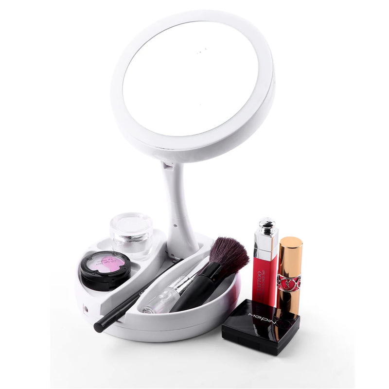 GlamMirror Pro: Espelho de Mesa Dobrável com LED e Aumento 10x para Maquiagem